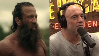 Brian Johnson smiles in Untold: The Liver King, while Joe Rogan speaks on his podcast