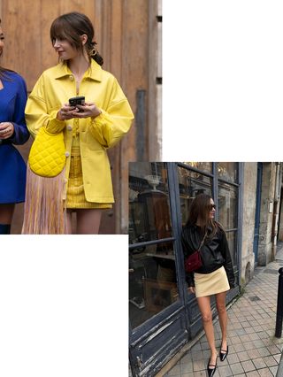 Emily in Paris's Lily Collins wearing a yellow leather jacket, a yellow miniskirt, and a yellow bag and Anne Laure Mais wearing a black leather jacket, a yellow miniskirt, black flats, and a burgundy crossbody bag.