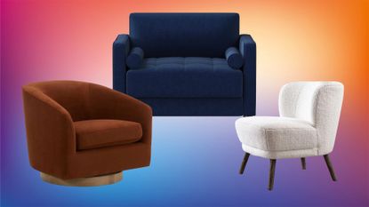 modern accent chairs in white, blue and orange