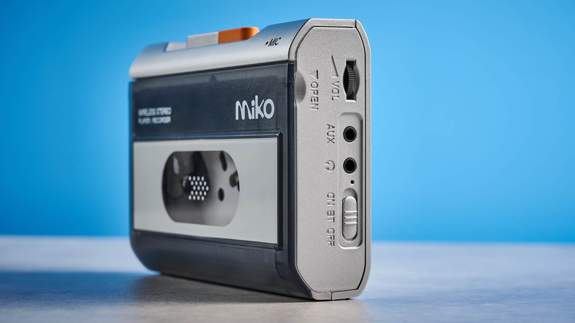 Gadhouse MIKO retro style cassette player photographed in front of a blue background.