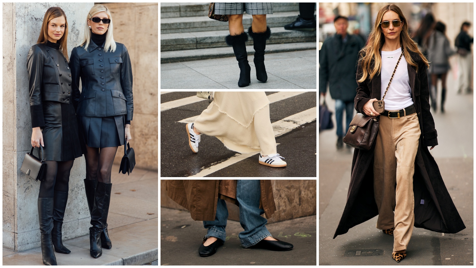 photo collage of fashion week attendees wearing winter shoe trends with white border