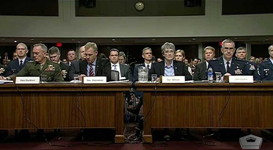 Chairman of the Joint Chiefs of Staff Gen. Joseph Dunford, Acting Defense Secretary Patrick Shanahan, Air Force Secretary Heather Wilson, and Commander of U.S. Strategic Command Gen. John Hyten testify April 11, 2019 in front of the Senate Armed Services Committee.