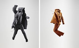 Two images of person shaped outfits with no person inside of them. Left, a black raincoat, black shirt and black pants. Right, a brown leather jacket and brown jeans.