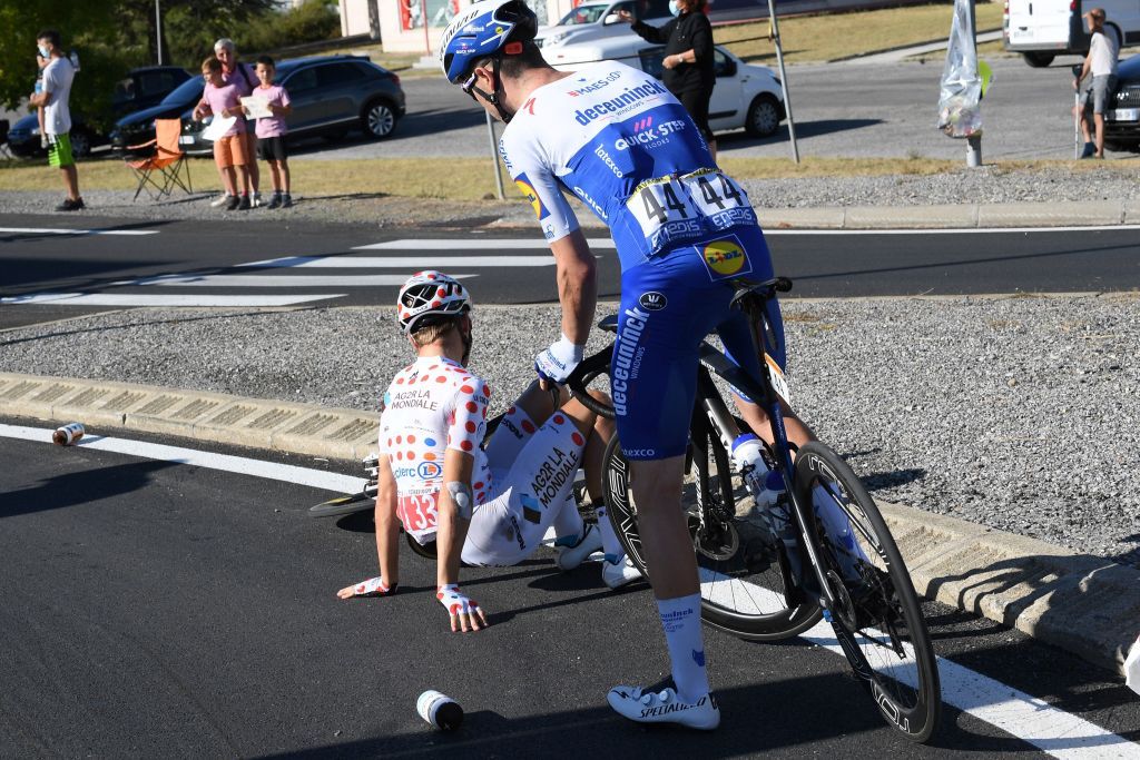 Team AG2R La Mondiale rider Frances Benoit Cosnefroy L falls down during the 3rd stage of the 107th edition of the Tour de France cycling race 198 km between Nice and Sisteron on August 31 2020 Photo by Franck FAUGERE POOL AFP Photo by FRANCK FAUGEREPOOLAFP via Getty Images