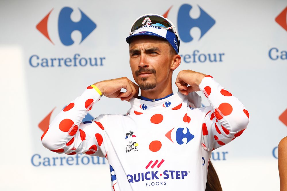 Julian Alaphilippe in polka dots after stage 18 at the Tour de France