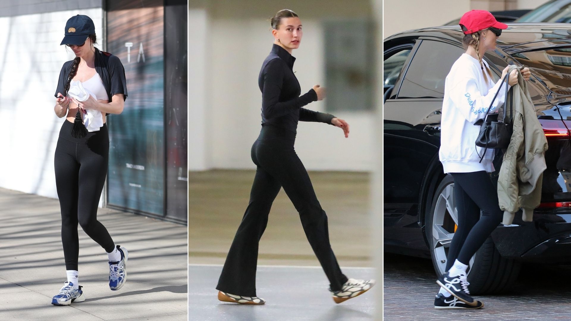 An image of Hailey Bieber, Margot Robbie and Dakota Johnson wearing leggings and trainers. 