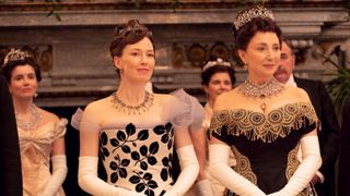 Carrie Coon as Bertha Russell and Donna Murphy as Caroline Astor in The Gilded Age