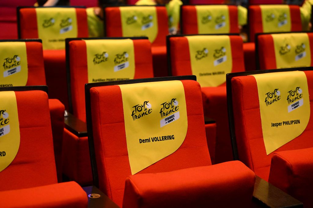 PARIS FRANCE OCTOBER 25 Detail view of the seat reserved for Demi Vollering of The Netherlands and Team SD Worx during the 111th Tour de France 2024 3rd Tour de France Femmes 2024 Route Presentation UCIWT UCIWWT on October 25 2023 in Paris France Photo by Dario BelingheriGetty Images