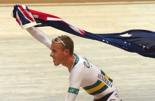 Stephen Wooldridge celebrating his first team pursuit gold medal at the 2002 Track Worlds