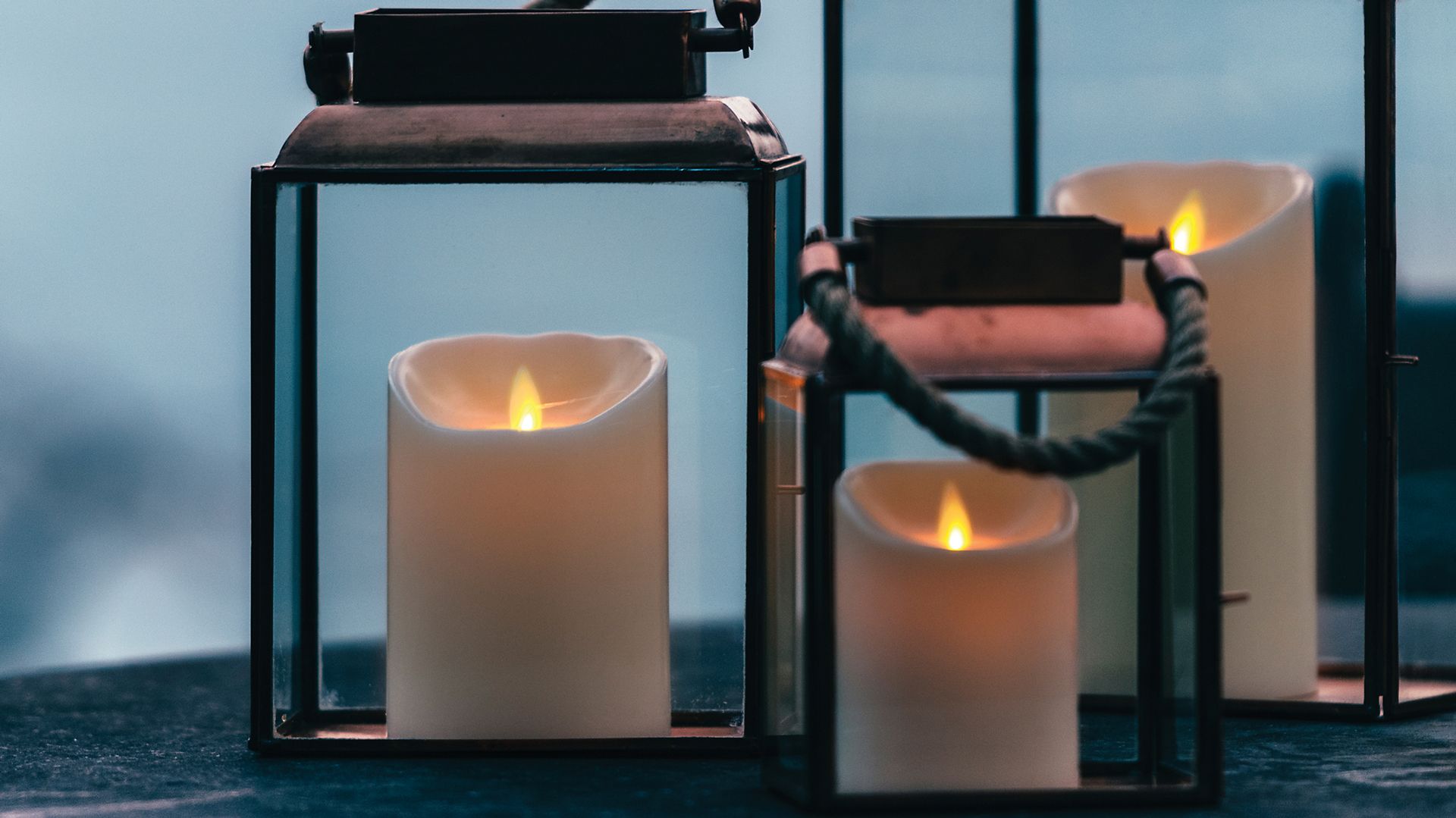 outdoor flameless Candles in storm lanterns