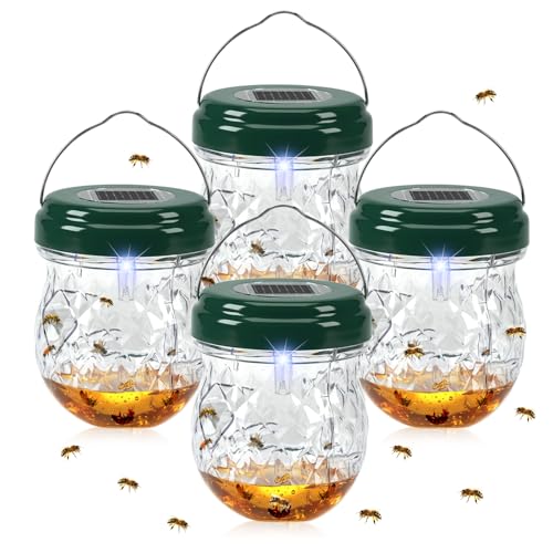 2026 New Wasp Traps Outdoor Hanging With Led Light, Solar Bee Trap, Bee Repellent, Flying Insect Trap for Wasps, Bees, Yellow Jackets, Hornets, Waterproof Reusable(4pack)