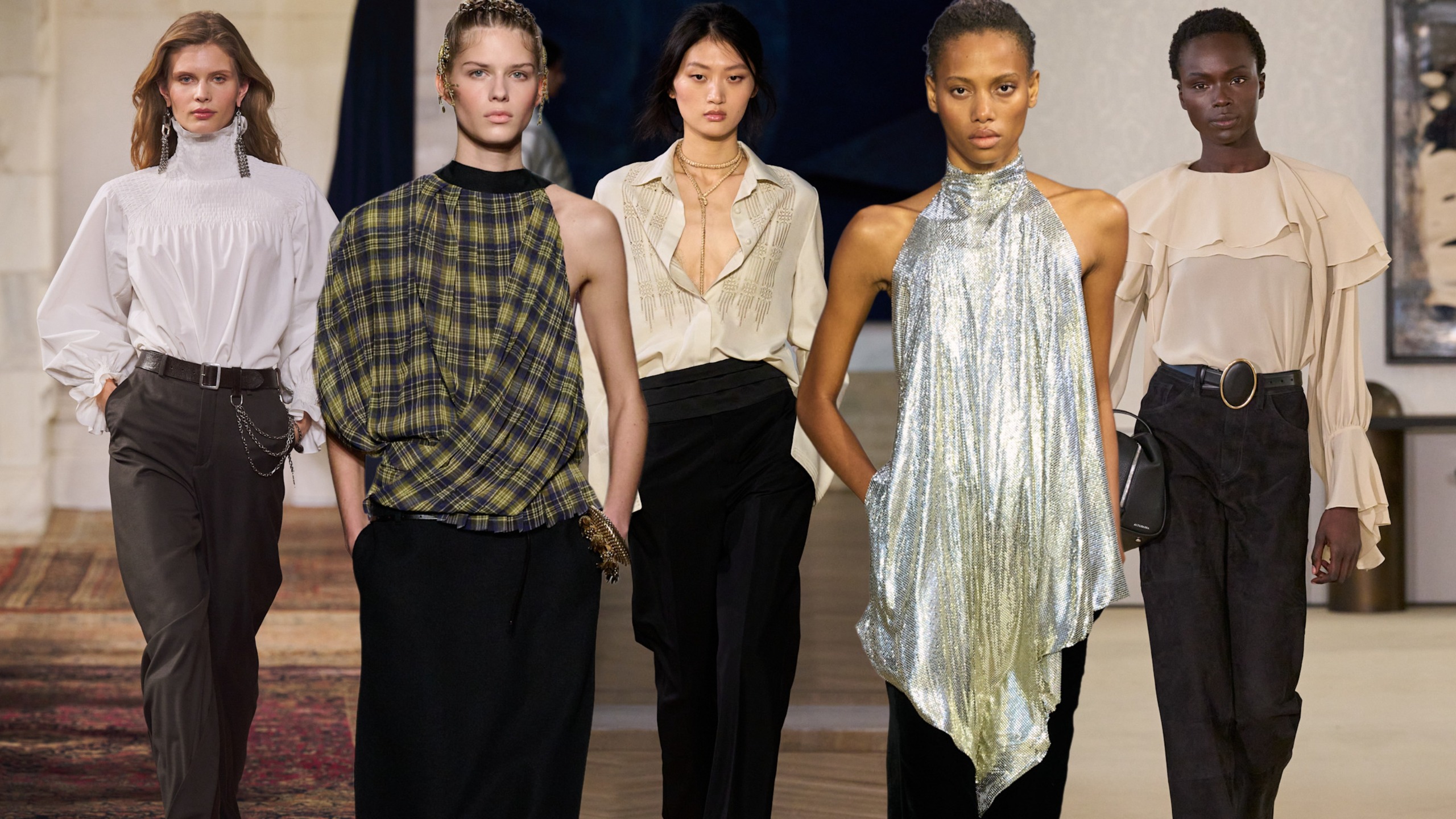 collage of fall 2026 top trends on the runways of Ralph Lauren, Dries Van Noten, Kallmeyer, Stella McCartney, and Altuzarra 