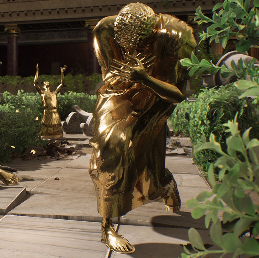 The Forgotten City - A golden statue of a Roman citizen in a toga crouches covering their face in a garden.