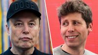 A photo collage showing Elon Musk wearing a "DOGE" hat and Sam Altman smiling.