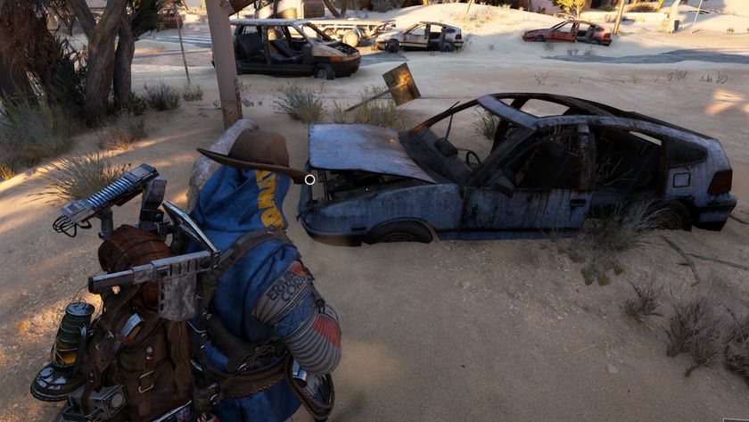 Arc Raiders Rusted Gear locations: A player wearing a blue poncho and a cowboy hat looking at a rusted blue car in a sandy car park.