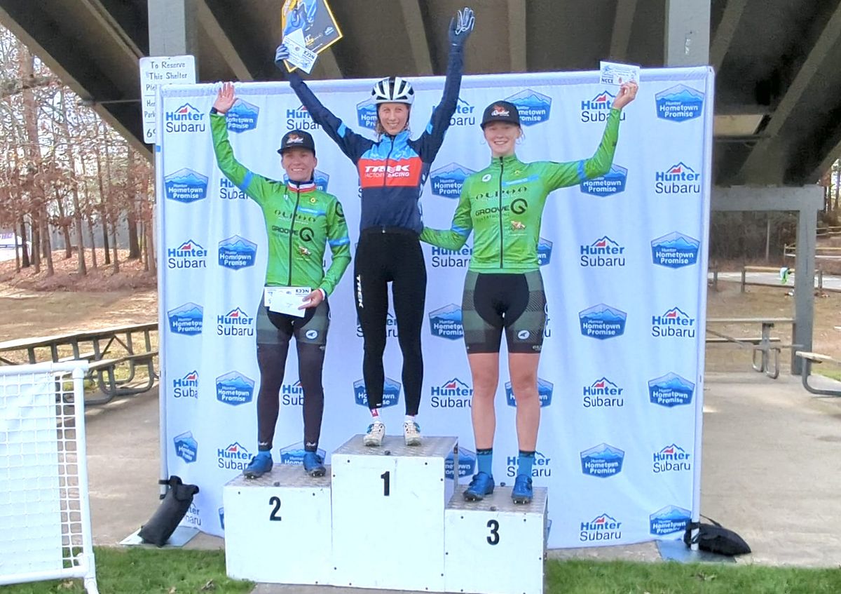 Elite women&#039;s podium at C2 day one of North Carolina Grand Prix cyclocross (L to R): Caroline Mani second place, winner Jolanda Neff, Lauren Zoerner third