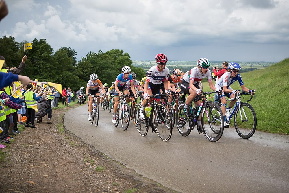 Ashleigh Moolmann-Pasio (RSA) of Cerv&eacute;lo-Bigla Cycling Team, Alena Amialiusik (BLR) of CANYON//SRAM Racing and Katie Hall (USA) of UnitedHealthcare Cycling Team lead the peloton up to the first QOM line during the Aviva Women's Tour 2016 - Stage 2