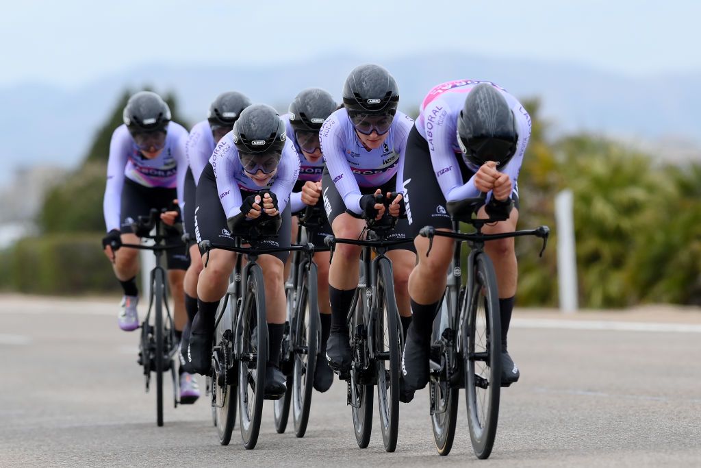 VALENCIA SPAIN APRIL 28 A general view of Debora Silvestri of Italy Idoia Eraso of Spain Lourdes Oyarbide of Spain Nadia Quagliotto of Italy Aileen Schweikart of Germany Laura Tomasi of Italy Cristina Tonetti of Italy and Team Laboral Kutxa Fundacion Euskadi sprint during the 10th La Vuelta Femenina 2024 Stage 1 a 16km team time trial from Valencia to Valencia UCIWWT on April 28 2024 in Valencia Spain Photo by Alex BroadwayGetty Images