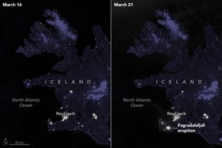 The NASA/NOAA Suomi NPP weather satellite captured this images of Iceland before and after the Fagradalsfjall volcano erupted.