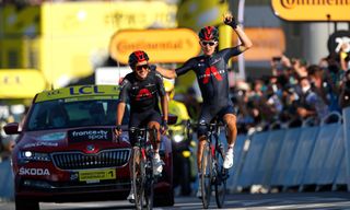 LA ROCHESURFORON FRANCE SEPTEMBER 17 Arrival Richard Carapaz of Ecuador and Team INEOS Grenadiers Michal Kwiatkowski of Poland and Team INEOS Grenadiers Celebration during the 107th Tour de France 2020 Stage 18 a 175km stage from Mribel to La Roche sur Foron 543m TDF2020 LeTour on September 17 2020 in La RochesurForon France Photo by Stephane Mahe PoolGetty Images