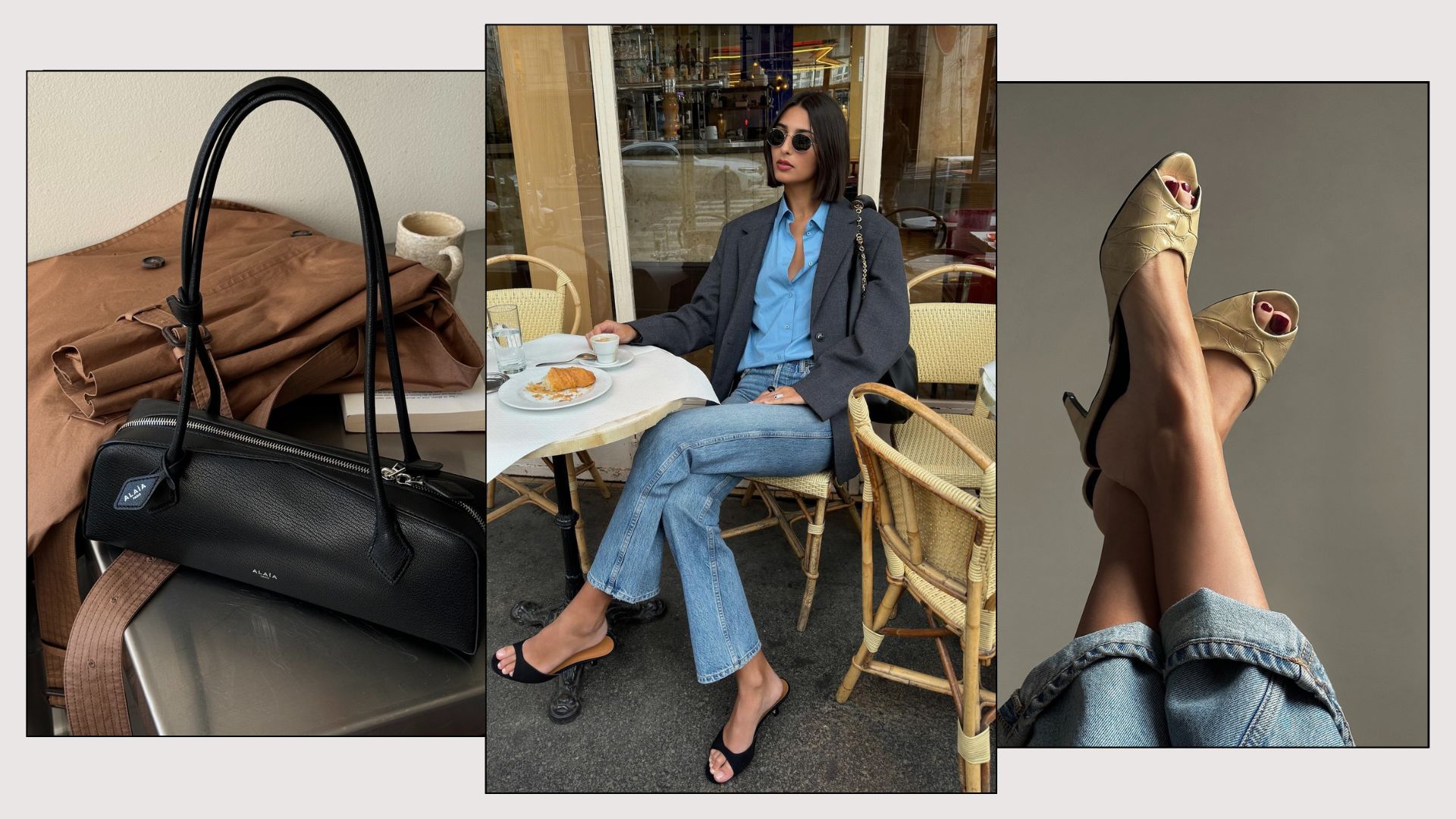 A picture of an Alaïa handbag, a French woman eating a pastry outside of a cafe and a French woman wearing peep toe heels