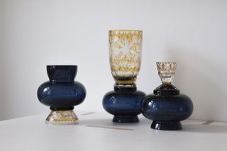 Three glass blown vases in blue and gold glass