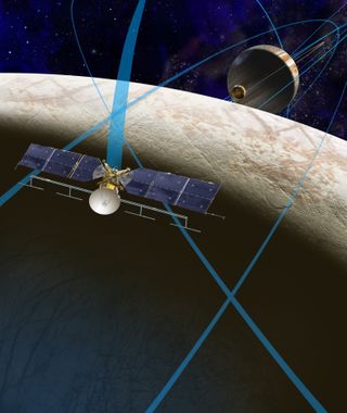 Artist's concept of the Europa Clipper mission concept, which would send a probe to do multiple flybys of the ocean-harboring Jupiter moon.