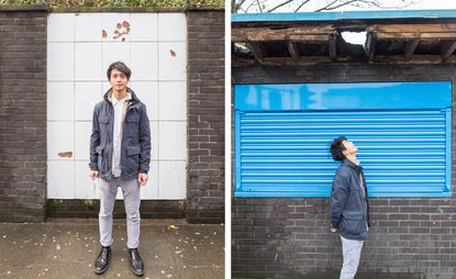 Two images. Left, an Asian man standing in front of a wall made of brick and tiles. Right, an Asian man standing in front of a blue counter in a wall and looking up at the roof which is broken.