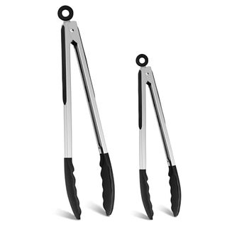 Two pairs of stainless steel tongs with black storage loop and pads on the end. One is large, the other is small - on a white background