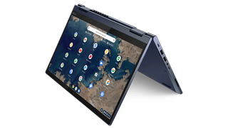 Product shot of the Lenovo ThinkPad C13 Yoga, one of the best Chromebooks, in tent mode