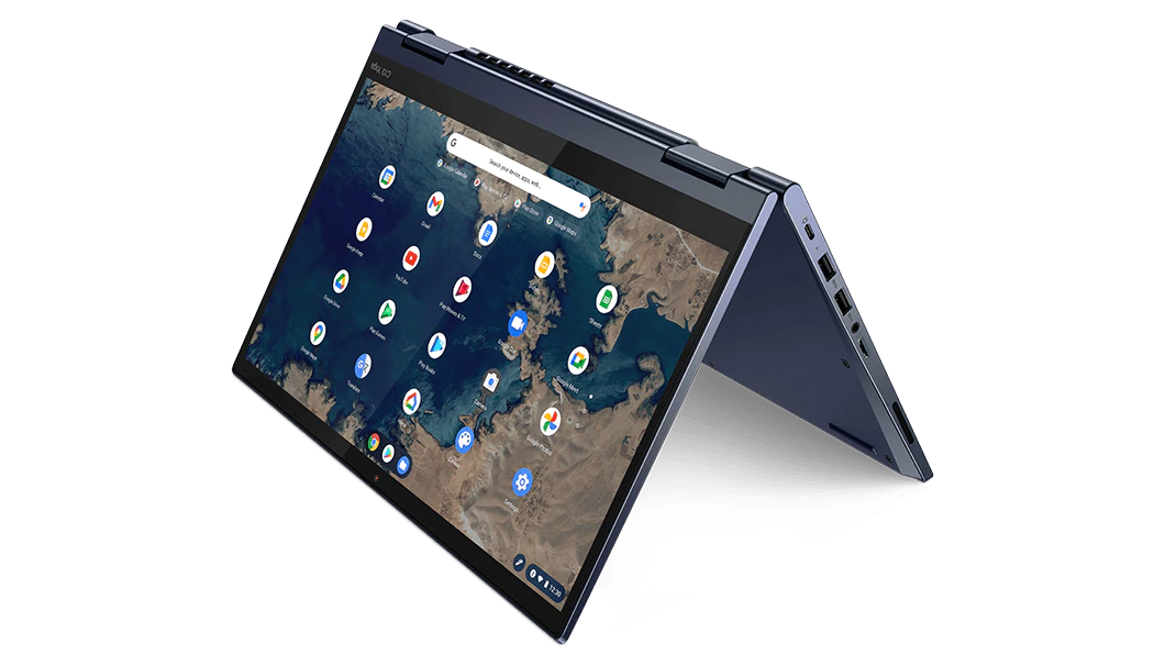 The Lenovo ThinkPad C13 Yoga Chromebook in tent mode on a white background