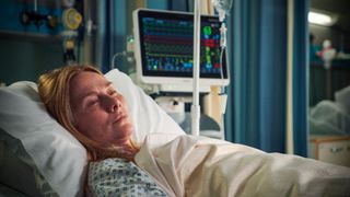 Jac Naylor in hospital bed in Holby City finale. 