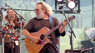Jerry Garcia of the Grisman-Garcia band performs at Squaw Valley ski area on August 25, 1991 in Squaw Valley, California
