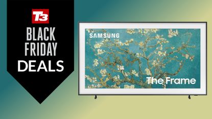 The Samsung The Frame TV on a blue and yellow background