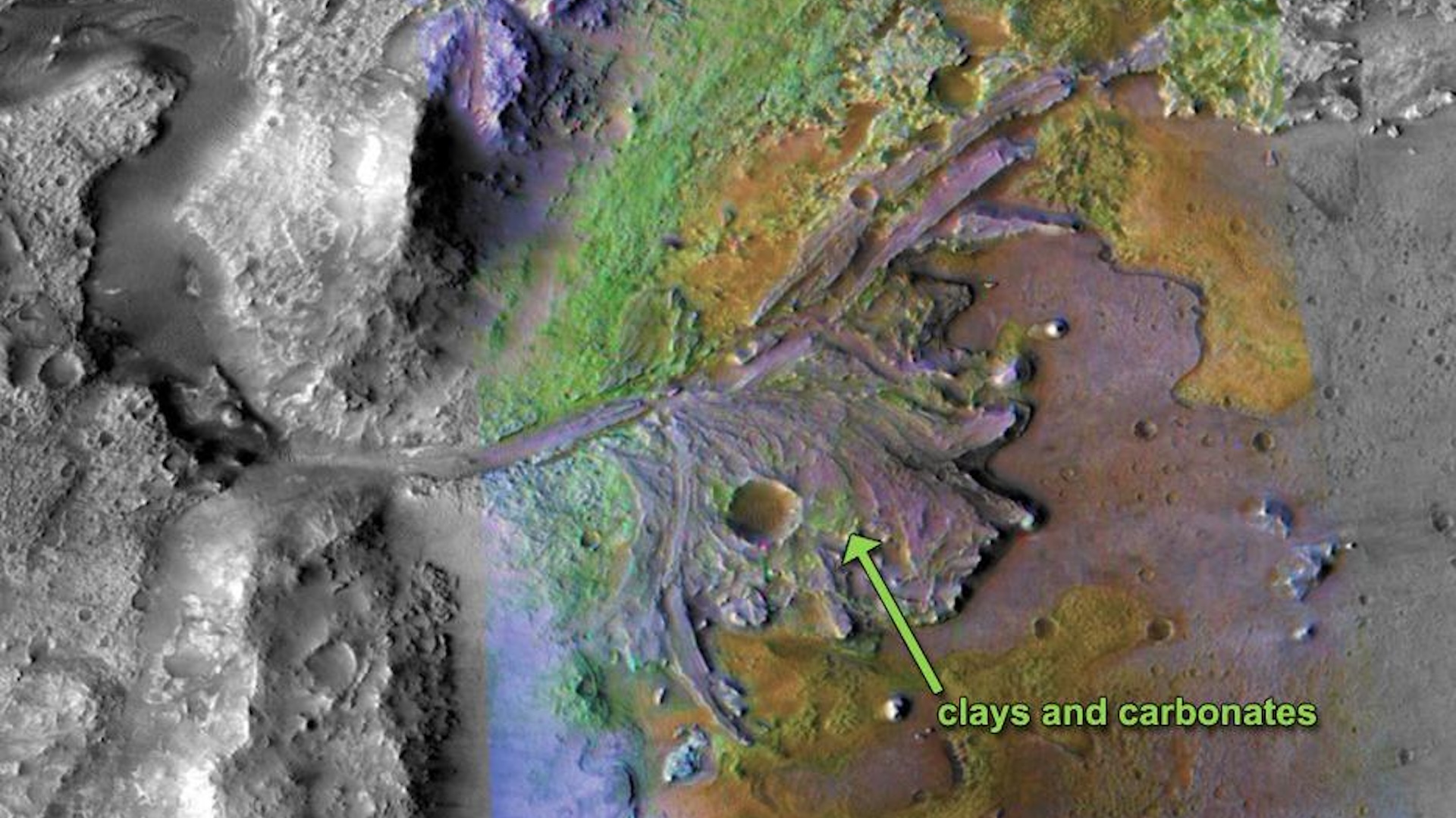 A satellite image of a Martian landscape with a path and fan of sediment cut into the surface