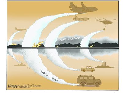 Political cartoon U.S. environment global warming climate change pollution fossil fuels airplane