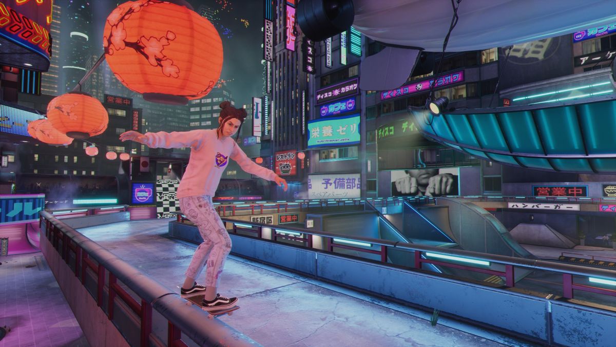 Player doing a 50:50 grind in Tokyo in Tony Hawk Pro Skater 3 + 4