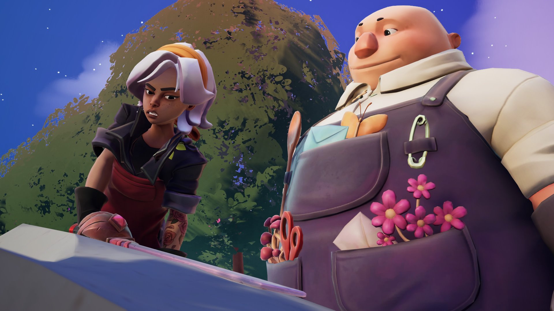 Wanderstop screenshot showing Alta trying to lift her sword, while Boro stands beside her