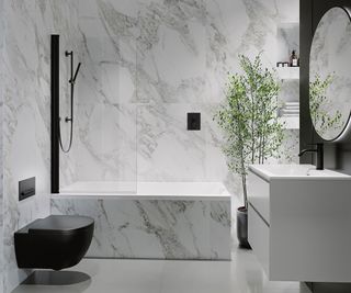 marble bathroom with black sanitaryware