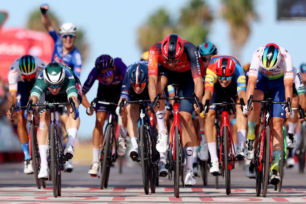 BURRIANA SPAIN AUGUST 30 A general view of Kaden Groves of Australia and Team AlpecinDeceuninck Filippo Ganna of Italy and Team INEOS Grenadiers Lewis Askey of The United Kingdom and Team Groupama FDJ Edward Theuns of Belgium and Team Lidl Trek Dries Van Gestel of Belgium and Team TotalEnergies and Alberto Dainese of Italy and Team DSM Firmenich during the 78th Tour of Spain 2023 Stage 5 a 1846km stage from Burriana to Burriana UCIWT on August 30 2023 in Morella Spain Photo by Alexander HassensteinGetty Images