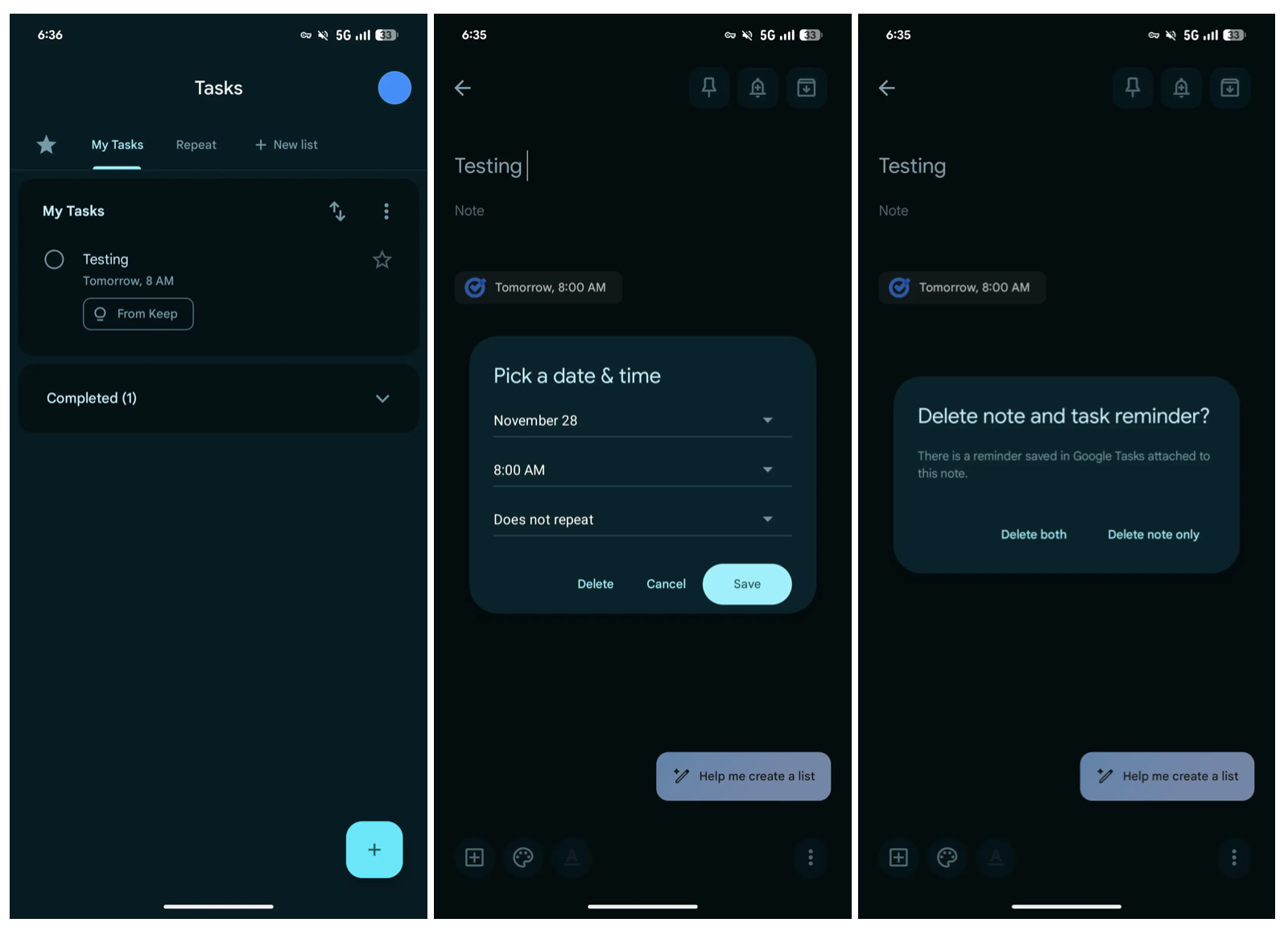 The Google Keep reminders appearing in Google Tasks.
