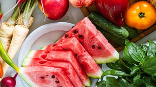 Sliced watermelon with other vegetables