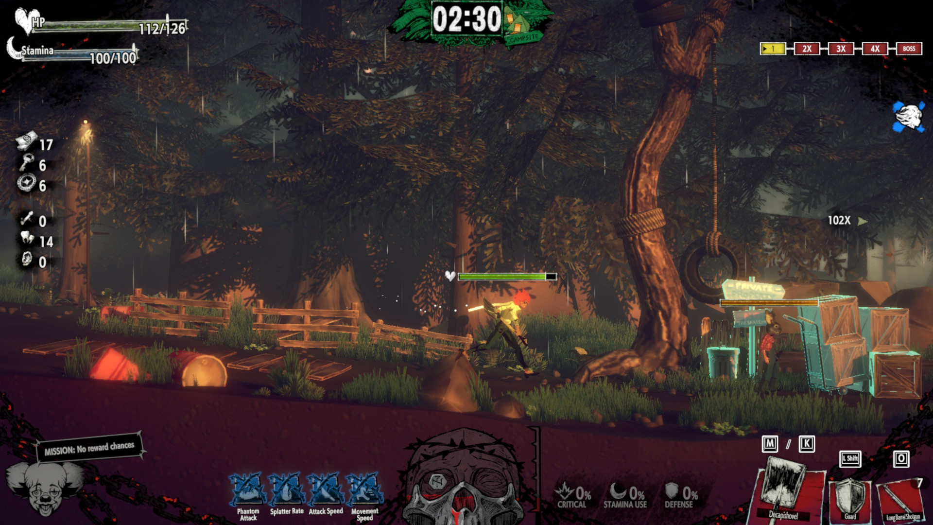 Justine runs through a forest in Hotel Barcelona with. atire swing and farming implements
