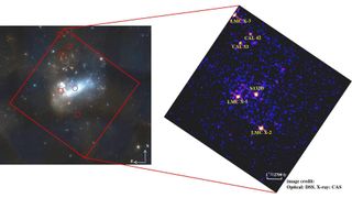 On the left, an optical image of the Large Magellanic Cloud; on the right, a LEIA "time-lapse" view in X-rays.