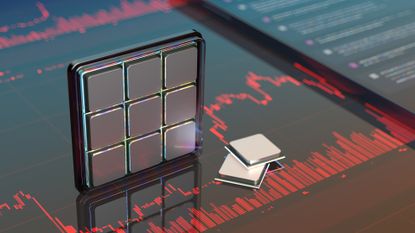 A CGI image of hardware chips sat on top of a glassy monitor showing a red, rising price line, to represent rising hardware costs.