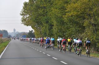 The peloton is lined out during Il Lombardia