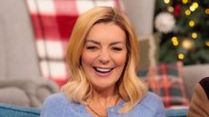 Sheridan Smith wearing blue cardigan and brown satin maxi skirt on This Morning, 04 December 2025
