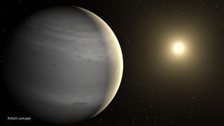 An artist's depiction of a gas giant exoplanet orbiting a sun-like star.