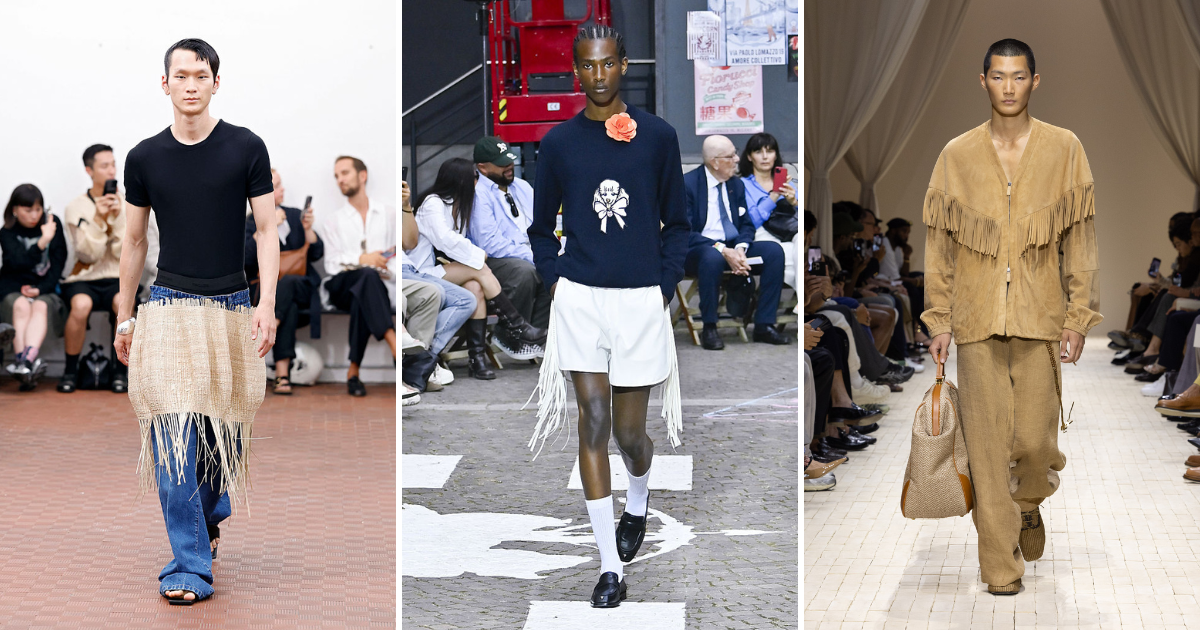 ss26 fashion week menswear runway fringing trend: Setchu, Fiorucci, Emporio Armani