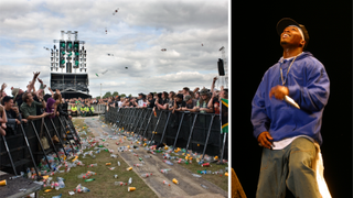 A crowd throwing bottles, and 50 Cent looking up at Reading Festival 2004